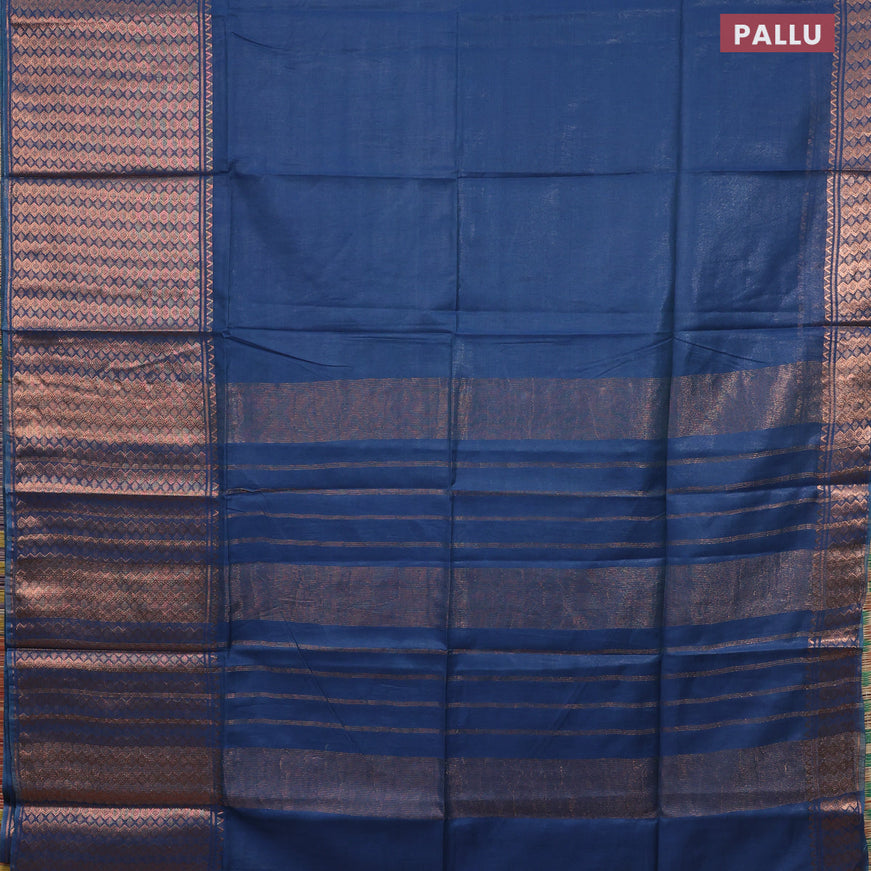 Semi tussar saree peacock blue and mustard yellow with plain body and copper zari woven border & kalamkari printed blouse