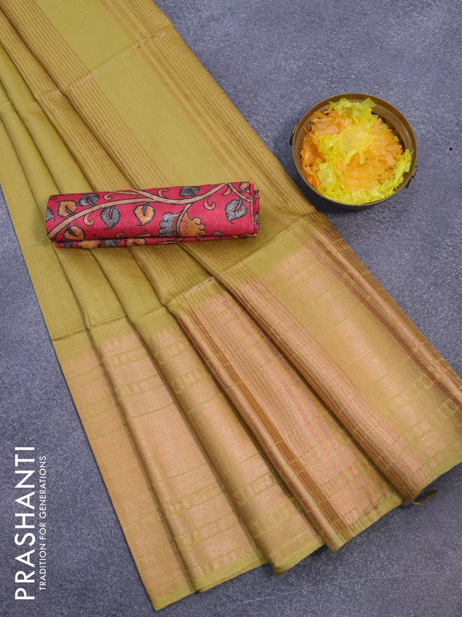 Semi tussar saree lime green and tomato pink with plain body and long zari woven border & kalamkari printed blouse