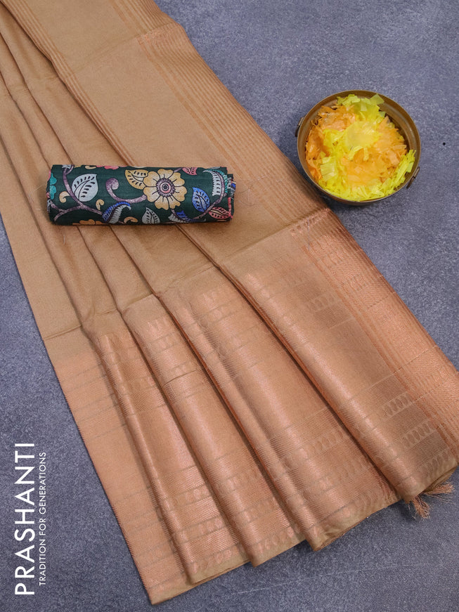 Semi tussar saree sandal and dark green with plain body and long zari woven border & kalamkari printed blouse