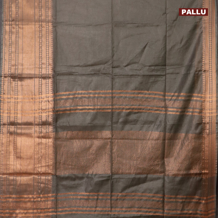 Semi tussar saree grey shade and mustard yellow with plain body and long zari woven border & kalamkari printed blouse