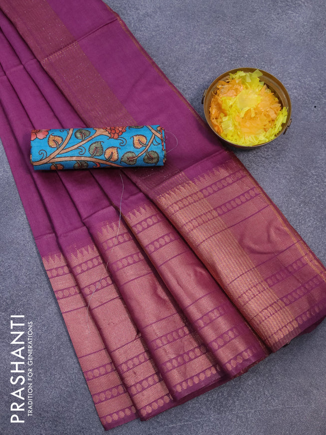 Semi tussar saree magenta pink and teal blue with plain body and long zari woven border & kalamkari printed blouse