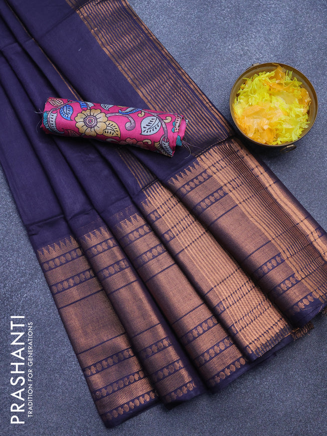 Semi tussar saree navy blue and pink with plain body and long zari woven border & kalamkari printed blouse