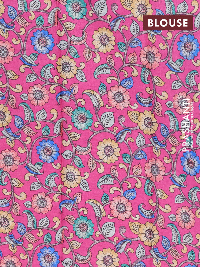 Semi tussar saree navy blue and pink with plain body and long zari woven border & kalamkari printed blouse