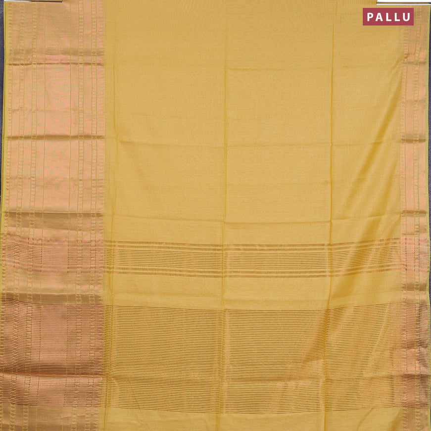 Semi tussar saree yellow and royal blue with plain body and long zari woven border & kalamkari printed blouse