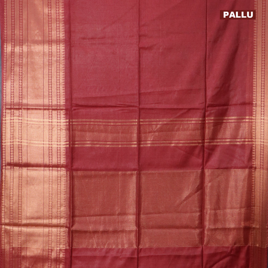 Semi tussar saree maroon and teal blue with plain body and long zari woven border & kalamkari printed blouse