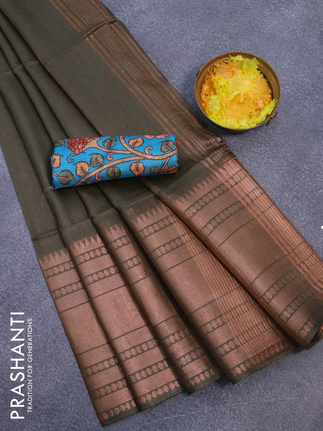 Semi tussar saree sap green and teal blue with plain body and long zari woven border & kalamkari printed blouse