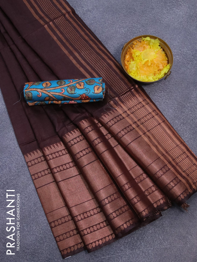Semi tussar saree brown and teal blue with plain body and long zari woven border & kalamkari printed blouse