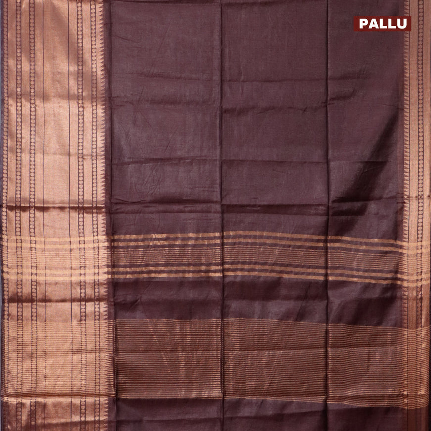 Semi tussar saree brown and teal blue with plain body and long zari woven border & kalamkari printed blouse