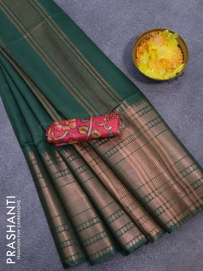 Semi tussar saree green and tomato red with plain body and long zari woven border & kalamkari printed blouse