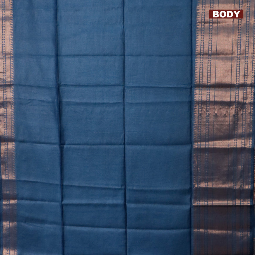 Semi tussar saree peacock blue and pink with plain body and long zari woven border & kalamkari printed blouse