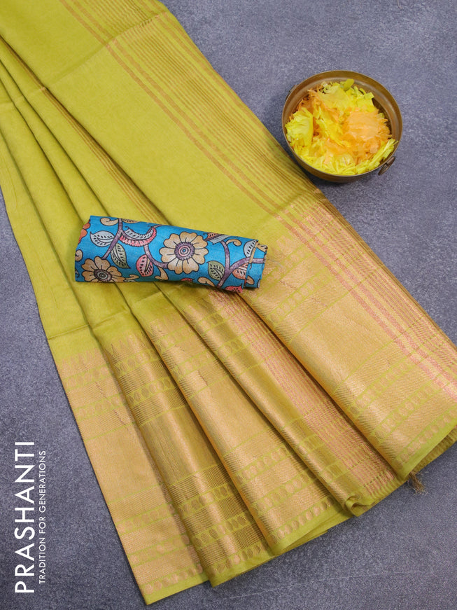 Semi tussar saree lime green and teal blue with plain body and long zari woven border & kalamkari printed blouse
