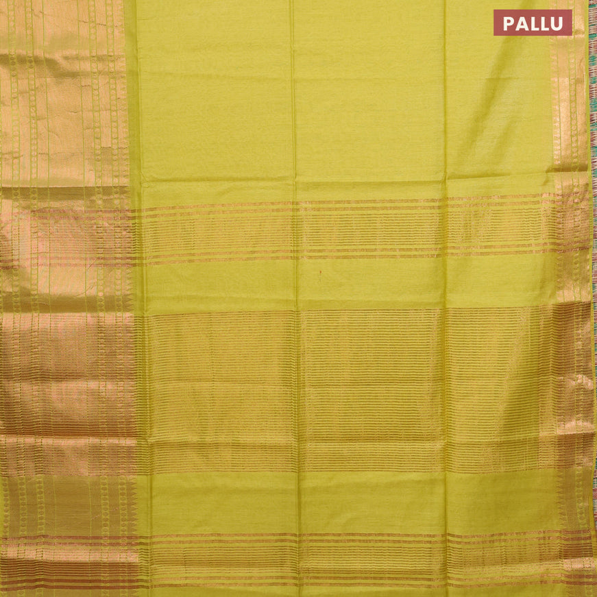 Semi tussar saree lime green and teal blue with plain body and long zari woven border & kalamkari printed blouse