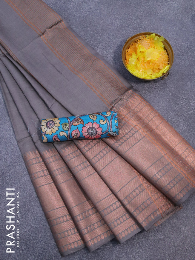 Semi tussar saree grey and teal blue with plain body and long zari woven border & kalamkari printed blouse