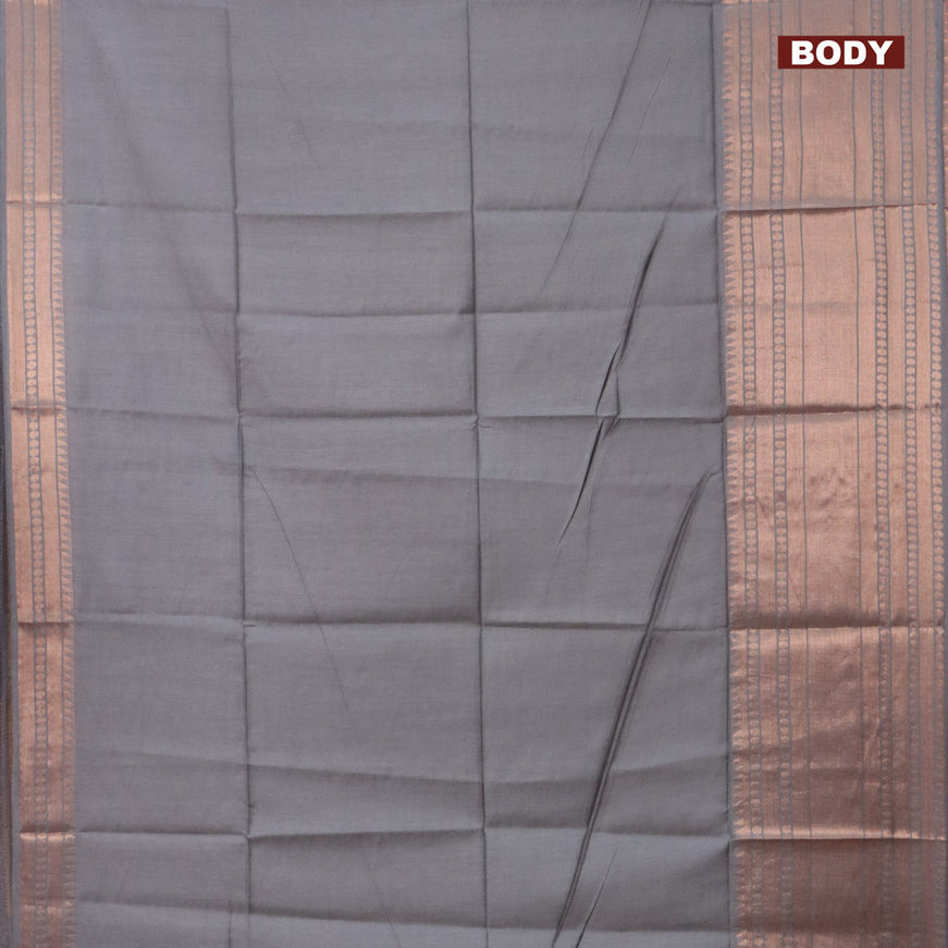 Semi tussar saree grey and teal blue with plain body and long zari woven border & kalamkari printed blouse