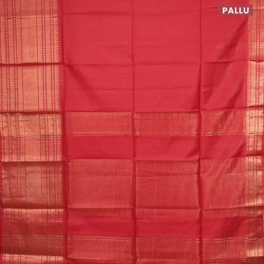 Semi tussar saree red and royal blue with plain body and long zari woven border & kalamkari printed blouse