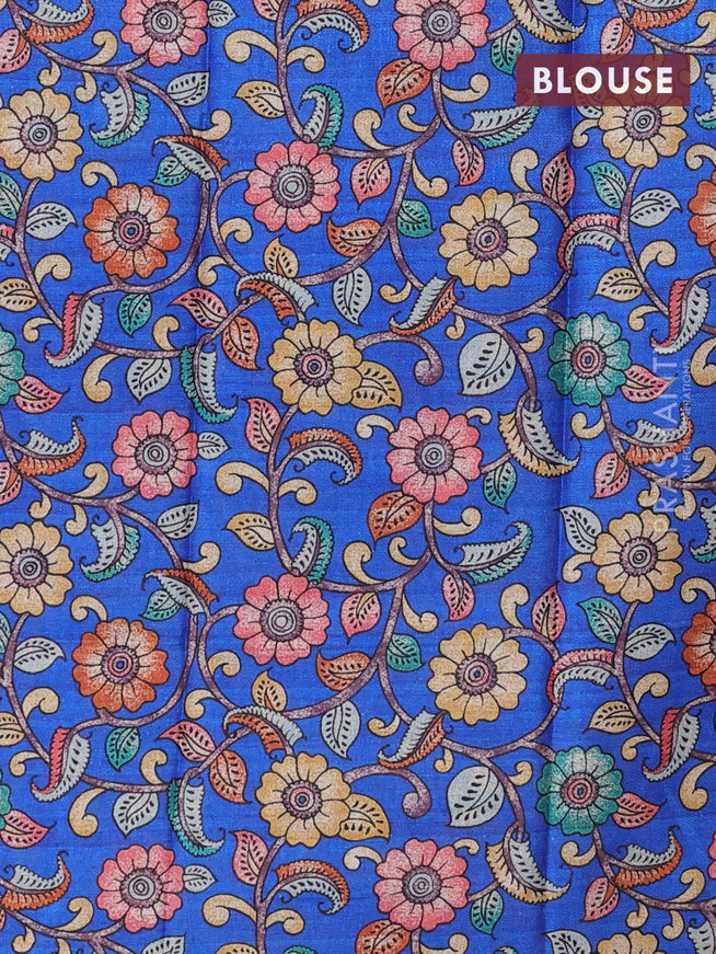 Semi tussar saree red and royal blue with plain body and long zari woven border & kalamkari printed blouse