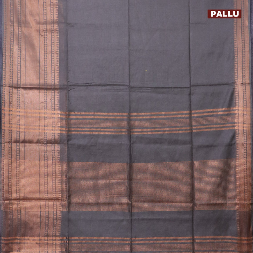 Semi tussar saree grey and tomato pink with plain body and long zari woven border & kalamkari printed blouse