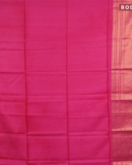 Semi tussar saree pink and royal blue with plain body and long zari woven border & kalamkari printed blouse