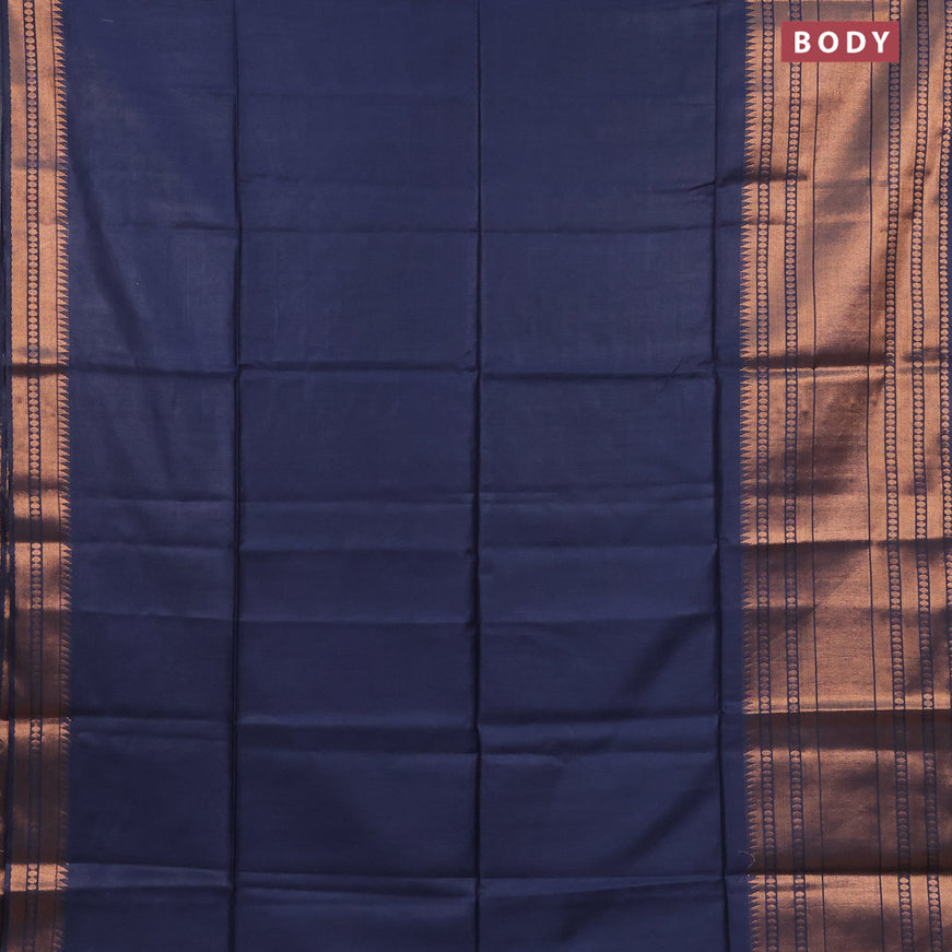 Semi tussar saree navy blue and tomato pink with plain body and long zari woven border & kalamkari printed blouse