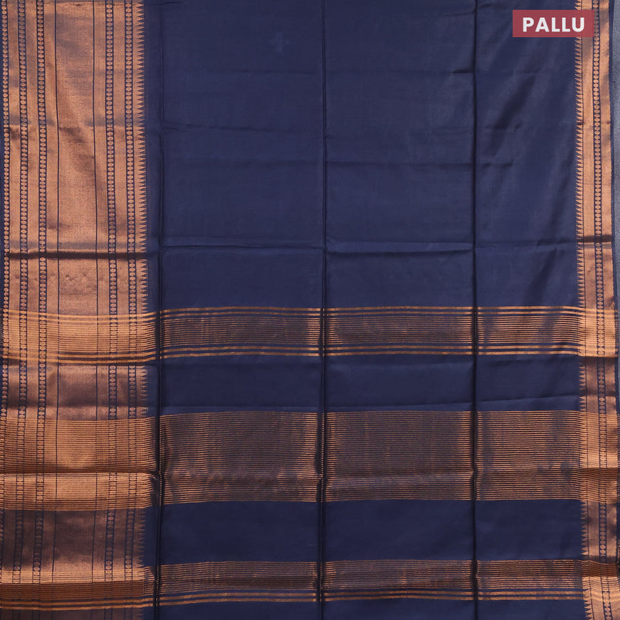 Semi tussar saree navy blue and tomato pink with plain body and long zari woven border & kalamkari printed blouse