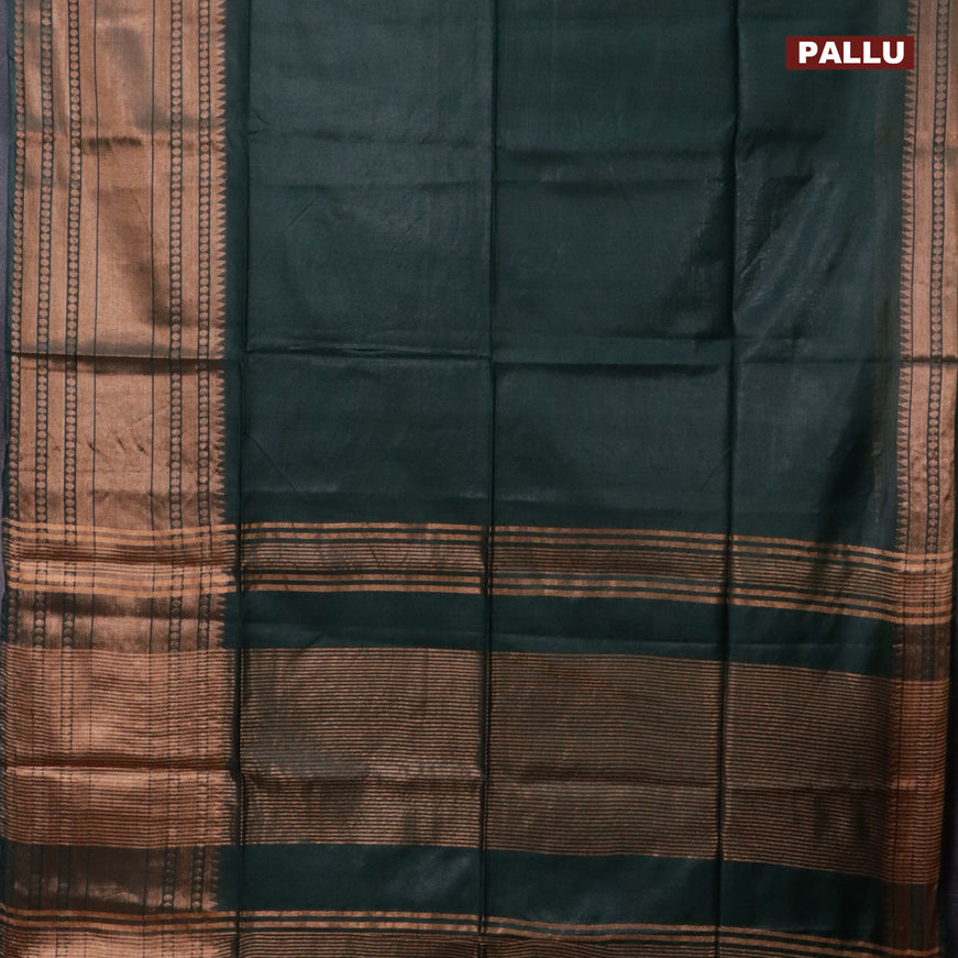 Semi tussar saree dark green and red with plain body and long zari woven border & kalamkari printed blouse