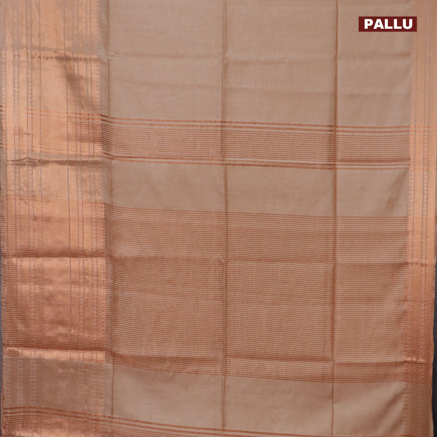 Semi tussar saree sandal and pink with plain body and long zari woven border & kalamkari printed blouse
