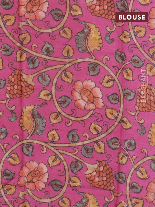 Semi tussar saree sandal and pink with plain body and long zari woven border & kalamkari printed blouse
