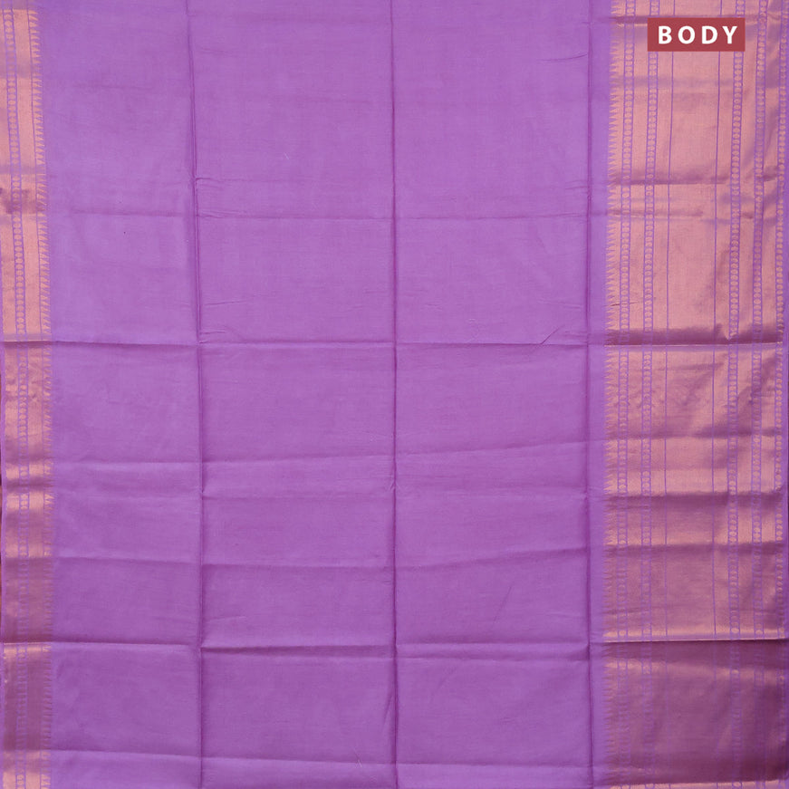 Semi tussar saree lavender shade and mustard yellow with plain body and long zari woven border & kalamkari printed blouse