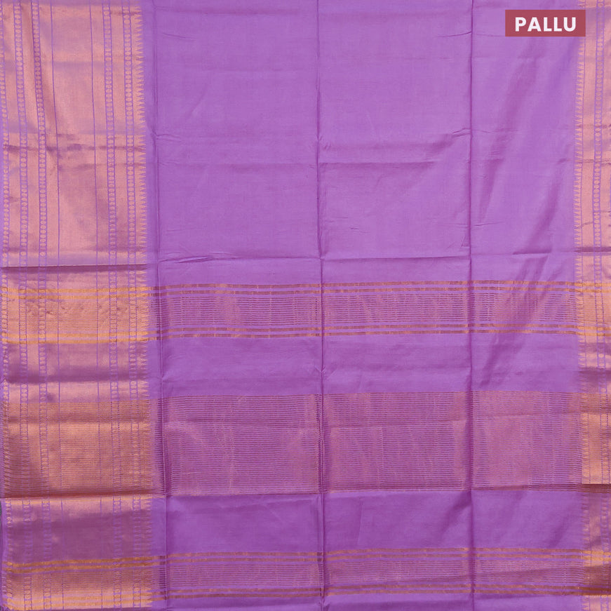 Semi tussar saree lavender shade and mustard yellow with plain body and long zari woven border & kalamkari printed blouse