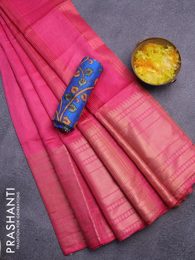 Semi tussar saree pink and royal blue with plain body and long zari woven border & kalamkari printed blouse