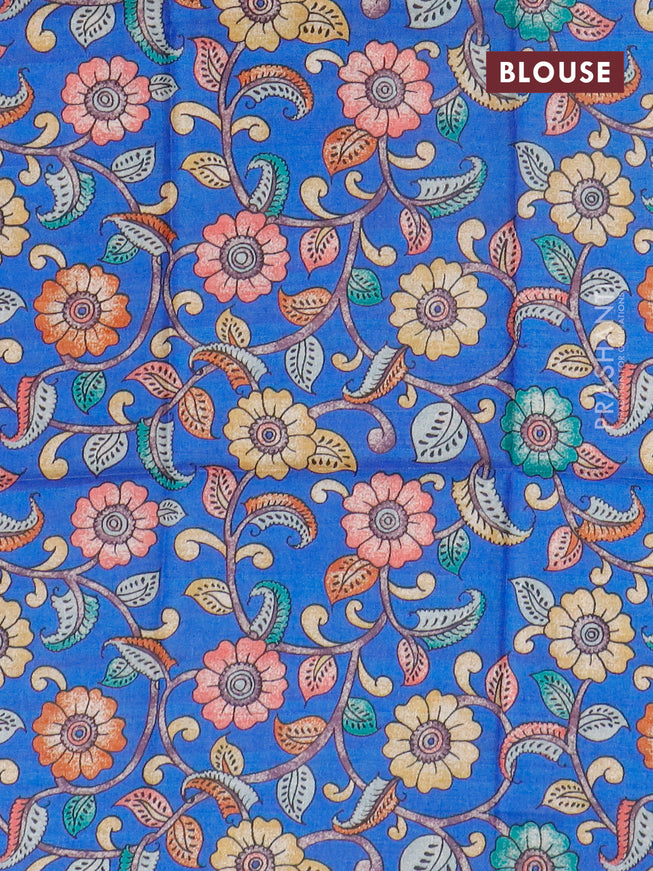 Semi tussar saree pink and royal blue with plain body and long copper zari woven border & kalamkari printed blouse