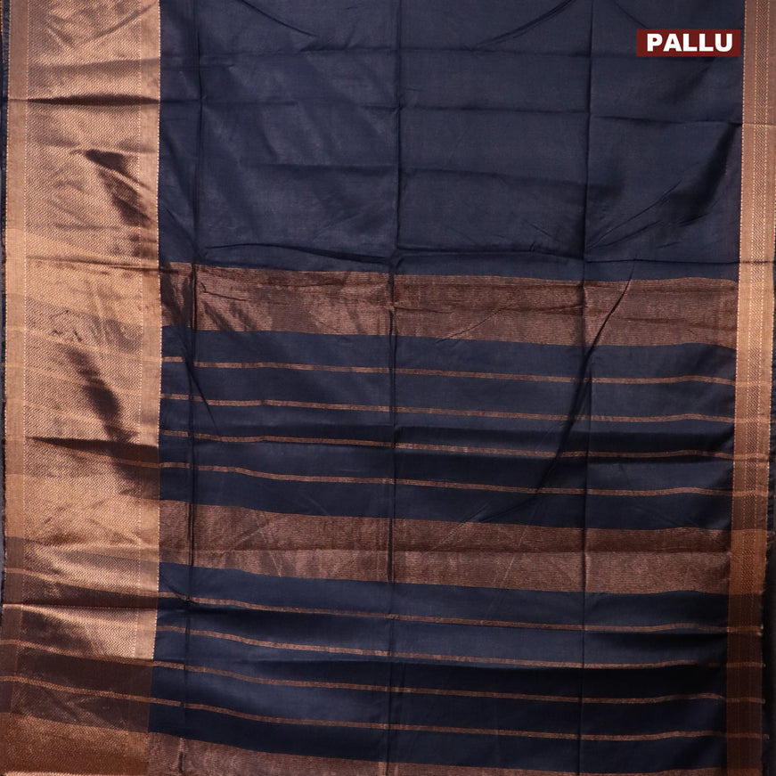 Semi tussar saree navy blue and mustard yellow with plain body and long copper zari woven border & kalamkari printed blouse