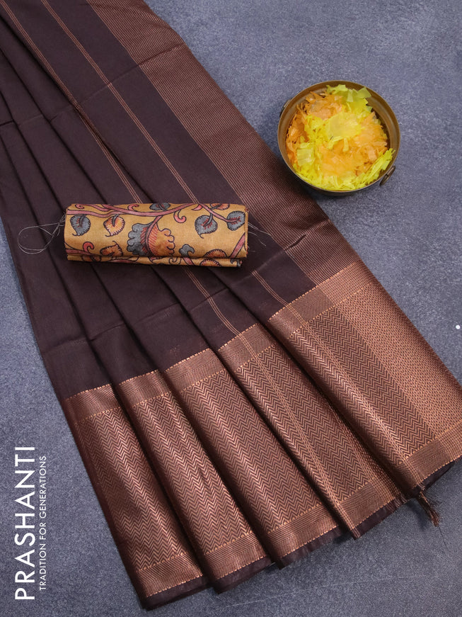 Semi tussar saree brown and mustard yellow with plain body and long copper zari woven border & kalamkari printed blouse