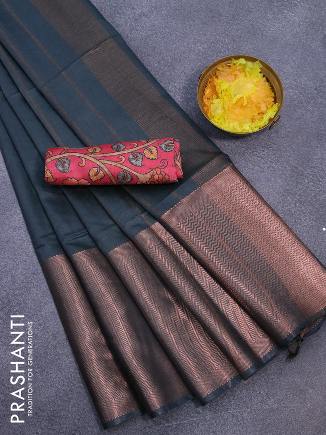 Semi tussar saree dark green and tomato pink with plain body and long copper zari woven border & kalamkari printed blouse