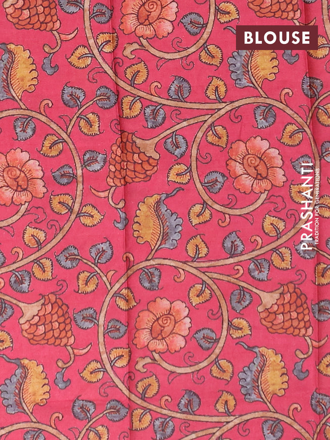 Semi tussar saree dark green and tomato pink with plain body and long copper zari woven border & kalamkari printed blouse