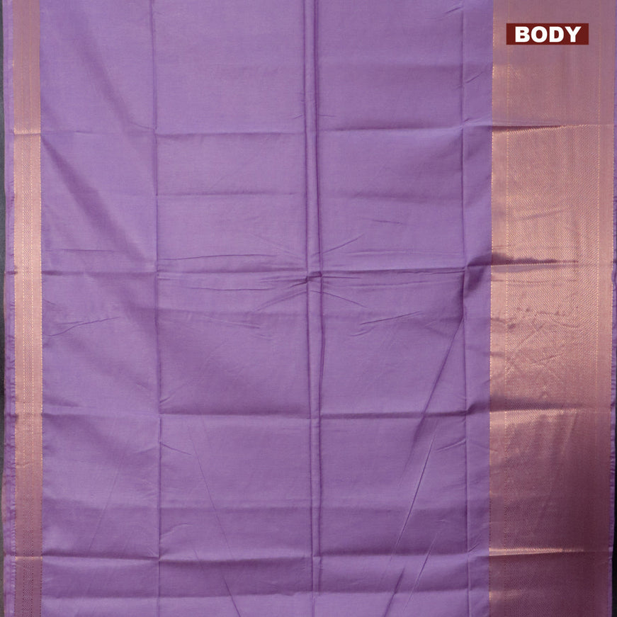 Semi tussar saree lavender shade and green with plain body and long copper zari woven border & kalamkari printed blouse