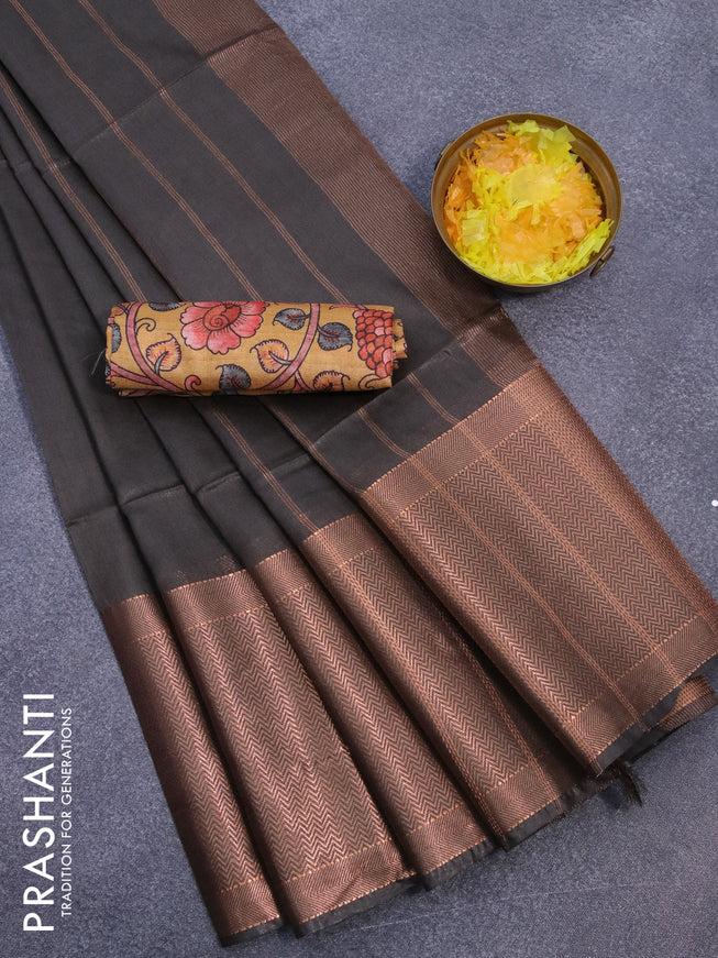 Semi tussar saree grey shade and mustard yellow with plain body and long copper zari woven border & kalamkari printed blouse