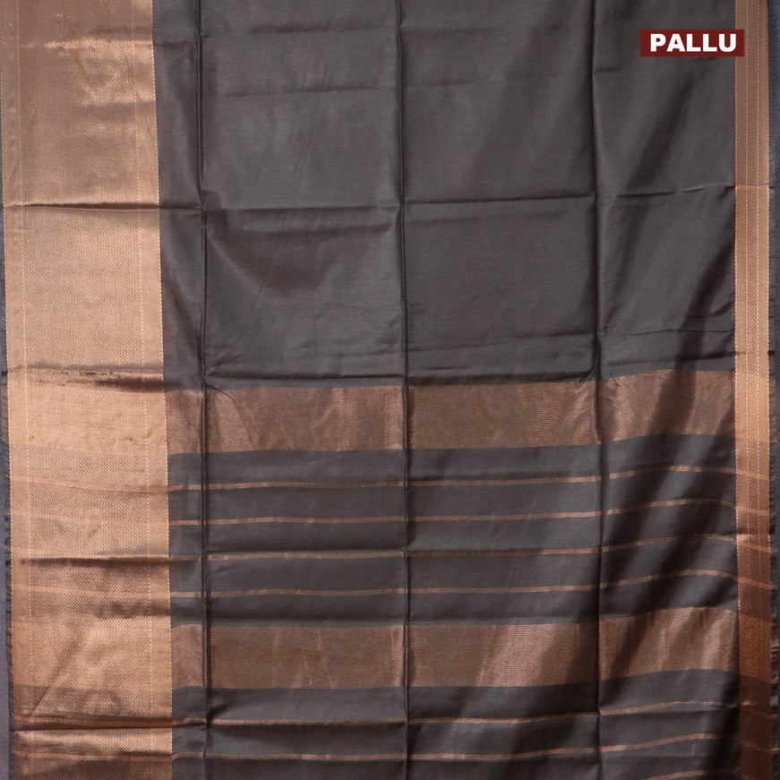 Semi tussar saree grey shade and mustard yellow with plain body and long copper zari woven border & kalamkari printed blouse