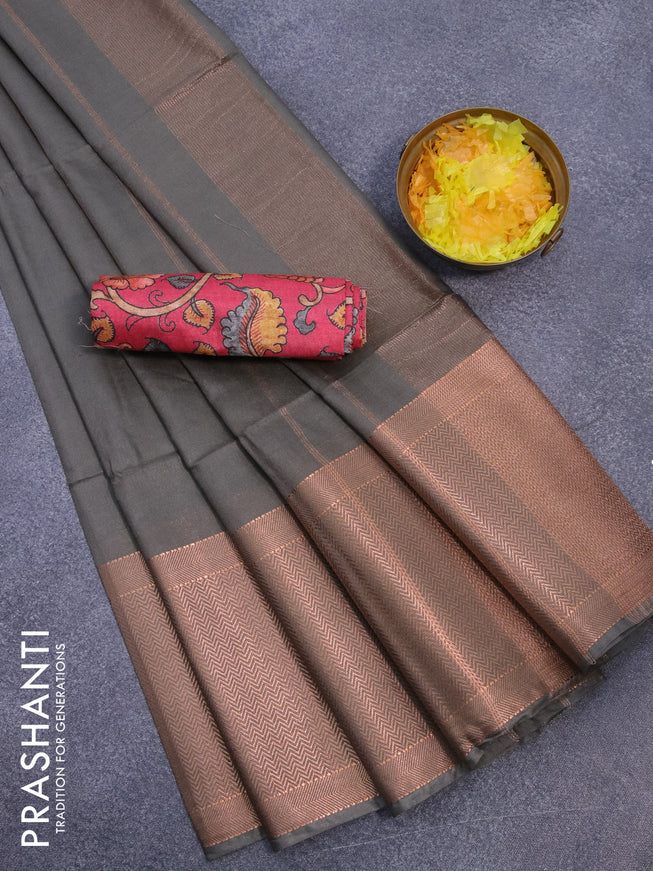 Semi tussar saree grey shade and tomato pink with plain body and long copper zari woven border & kalamkari printed blouse