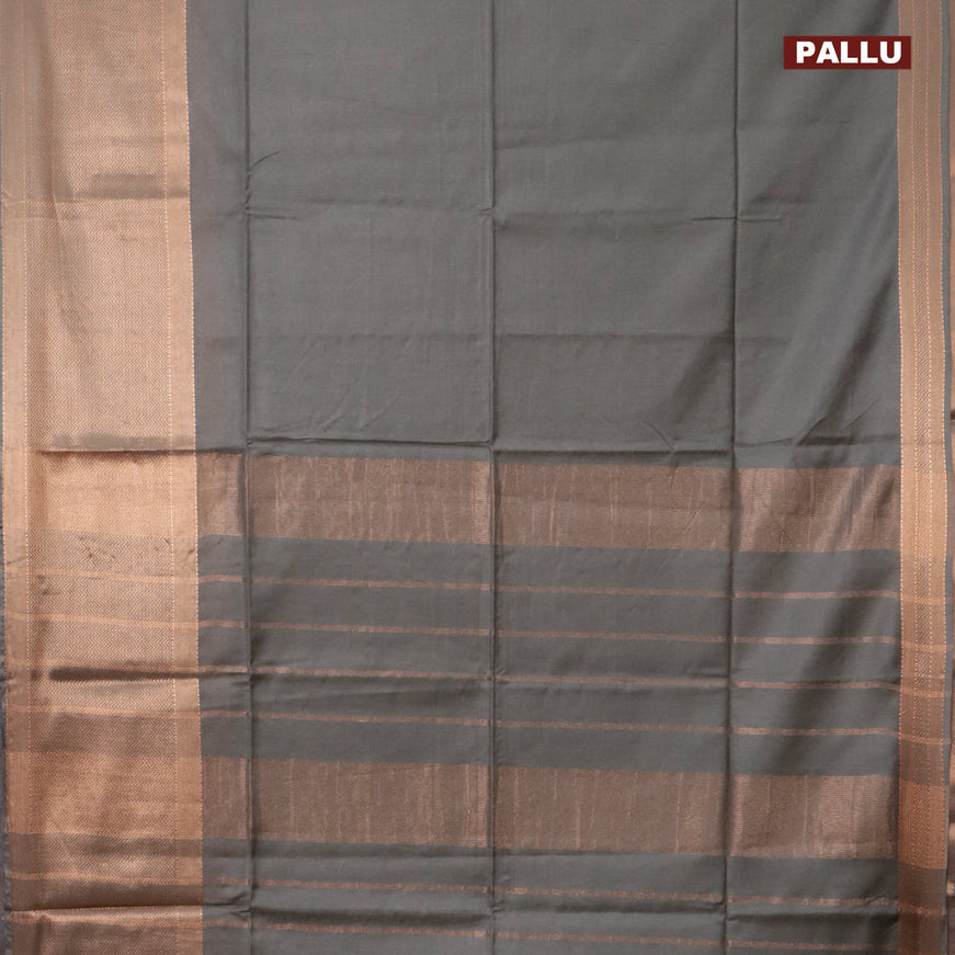Semi tussar saree grey shade and tomato pink with plain body and long copper zari woven border & kalamkari printed blouse