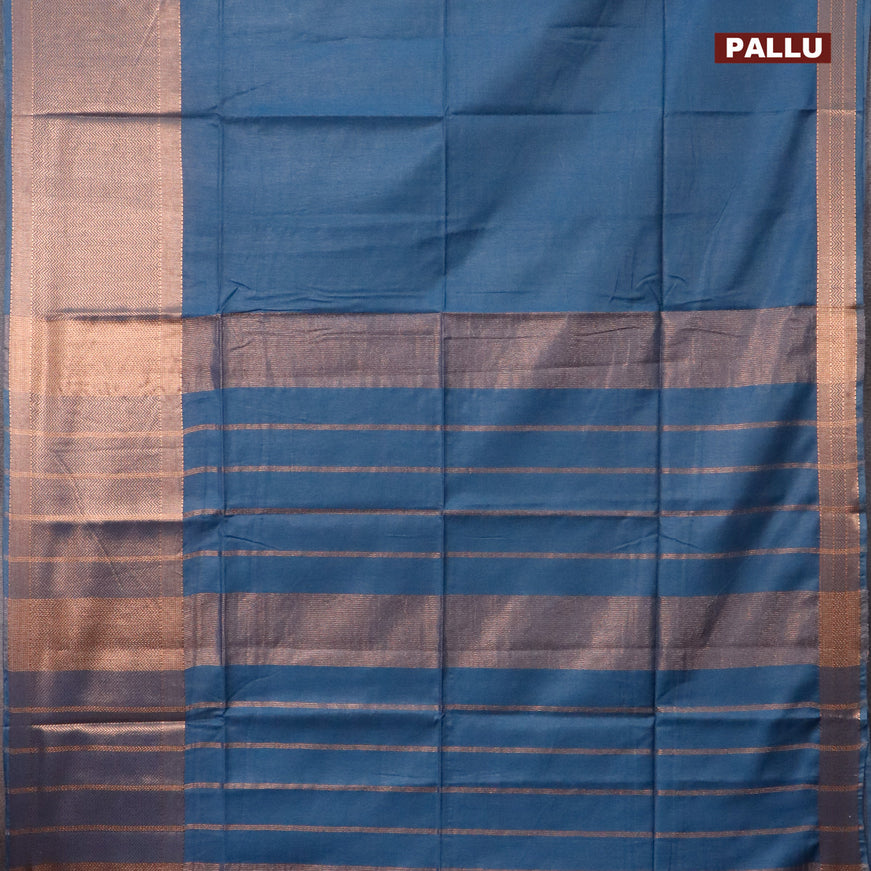Semi tussar saree peacock blue and pink with plain body and long copper zari woven border & kalamkari printed blouse