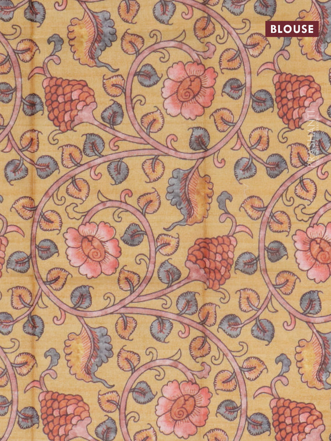 Semi tussar saree navy blue and mustard yellow with plain body and long copper zari woven border & kalamkari printed blouse