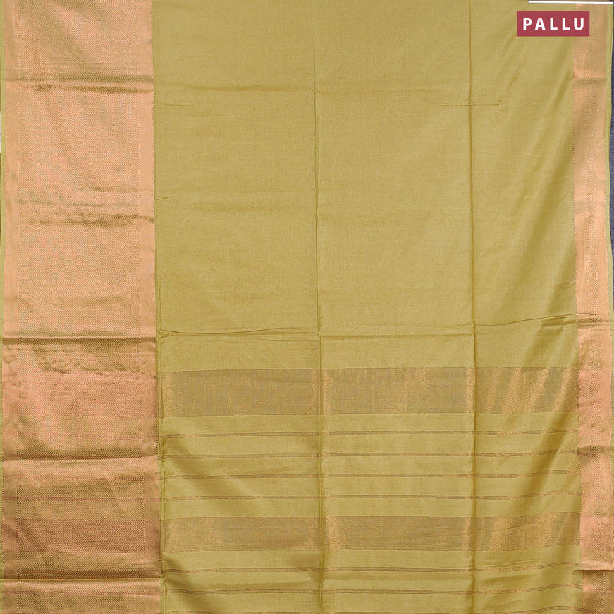 Semi tussar saree lime yellow and dark green with plain body and long copper zari woven border & kalamkari printed blouse
