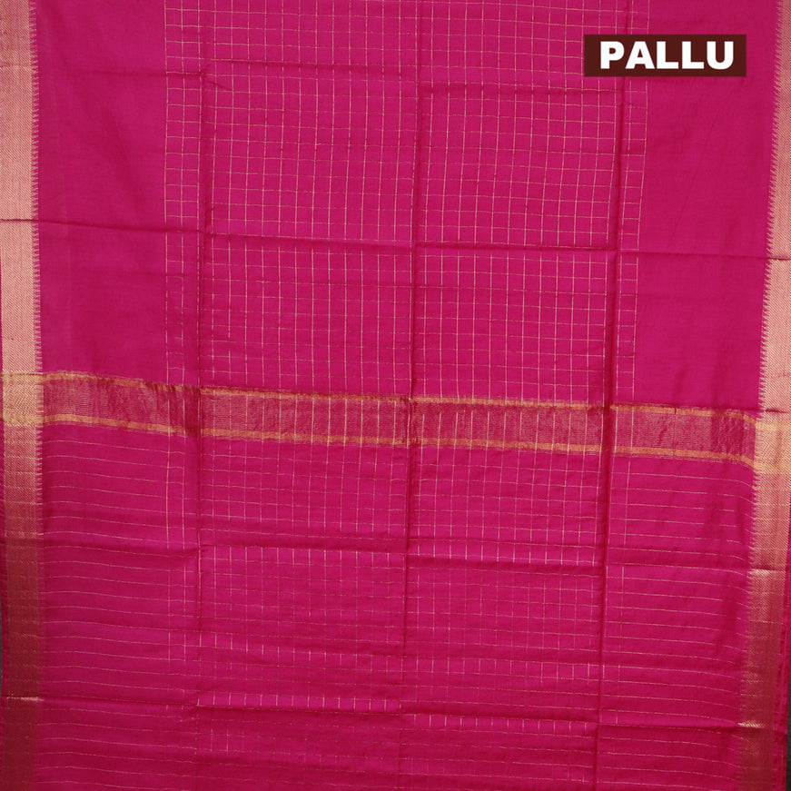 Semi tussar saree pink and blue with allover zari checked pattern and zari woven border & kalamkari printed blouse