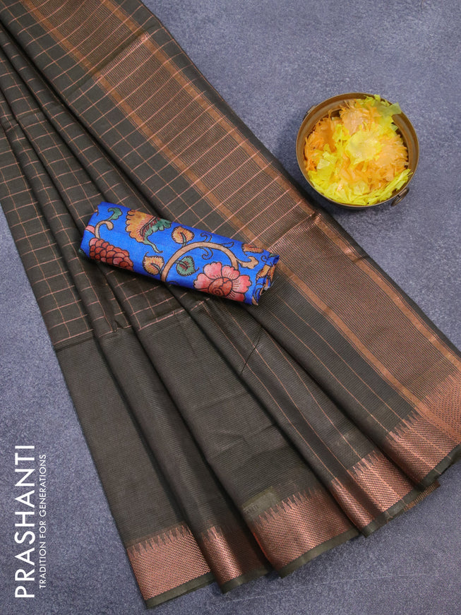 Semi tussar saree olive green and blue with allover copper zari checked pattern and copper zari woven border & kalamkari printed blouse