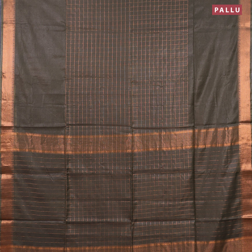 Semi tussar saree olive green and blue with allover copper zari checked pattern and copper zari woven border & kalamkari printed blouse