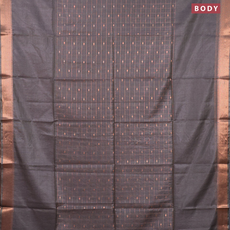 Semi tussar saree grey and pink with allover copper zari checked pattern and copper zari woven border & kalamkari printed blouse