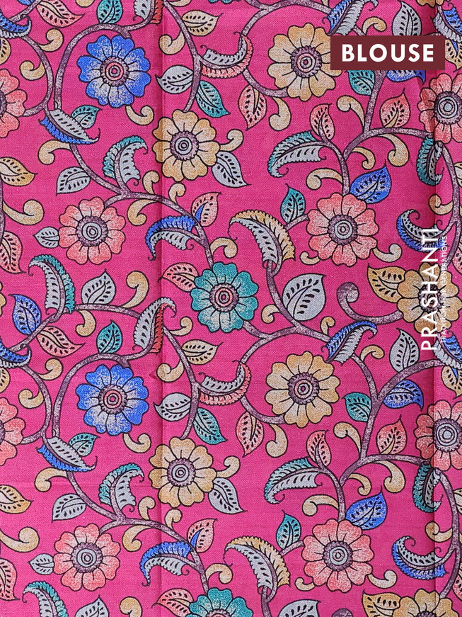 Semi tussar saree grey and pink with allover copper zari checked pattern and copper zari woven border & kalamkari printed blouse