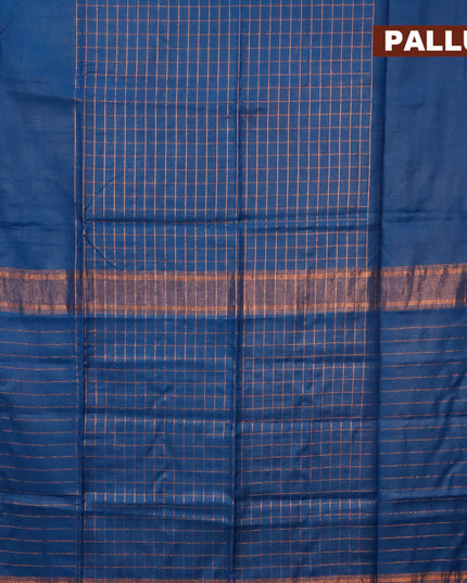 Semi tussar saree peacock blue and pink with allover copper zari checked pattern and copper zari woven border & kalamkari printed blouse