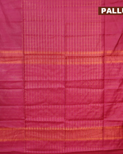 Semi tussar saree dark magenta and teal blue with allover copper zari checked pattern and copper zari woven border & kalamkari printed blouse